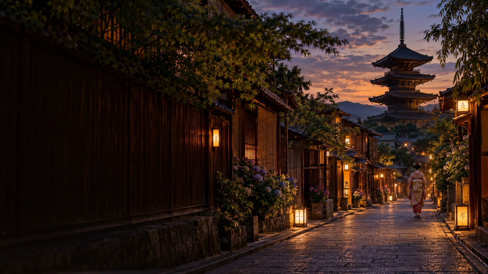 京都町家與燈籠交織的街巷文化意象